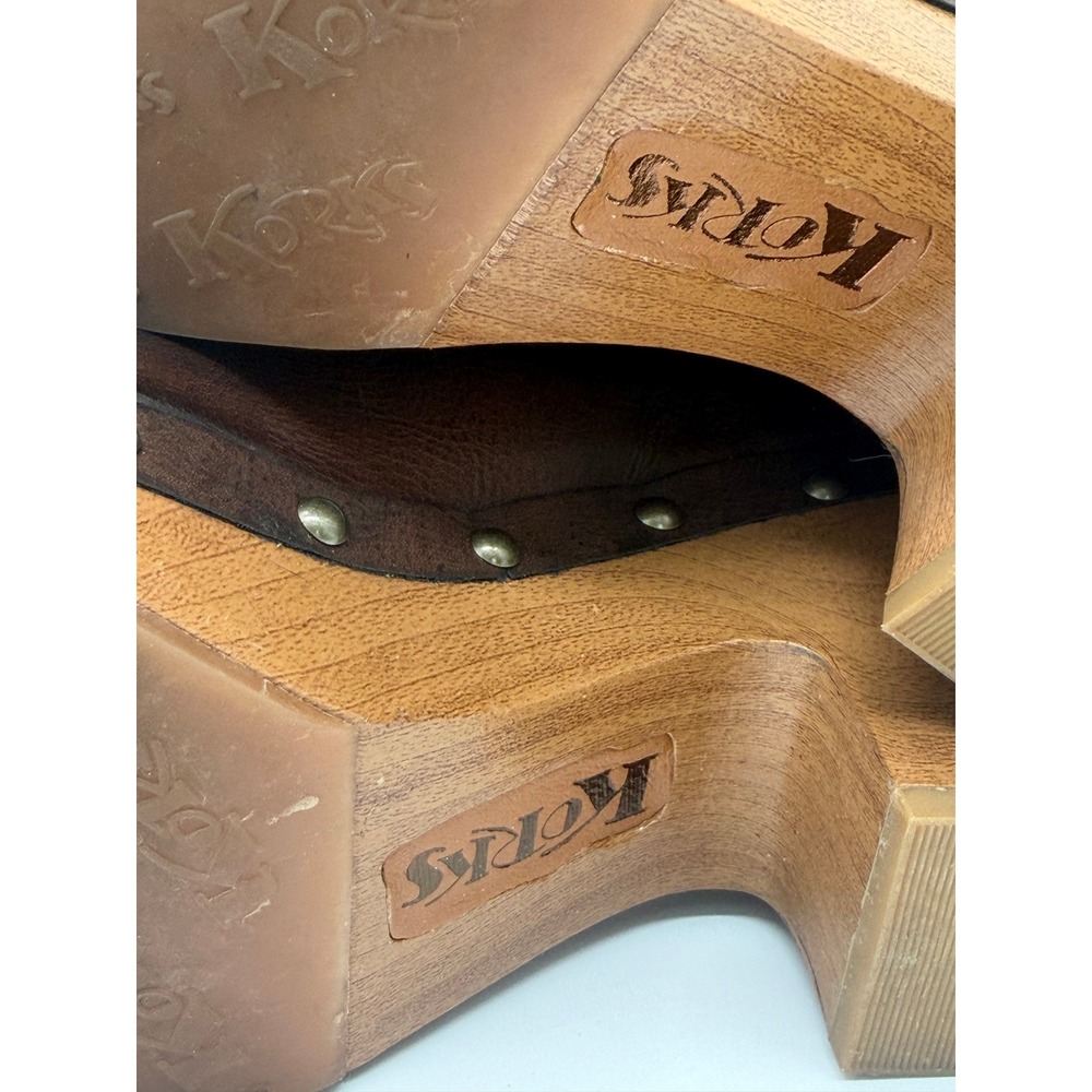 Korks Clog Arielle Platform Clog Women 9M Brown Studded Wood Block Heel Cutout - Picture 8 of 11